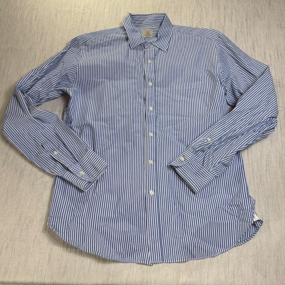 J.Crew Mens Blue White Striped Button Down Shirt 2-Ply 100% Cotton Large 16-16.5